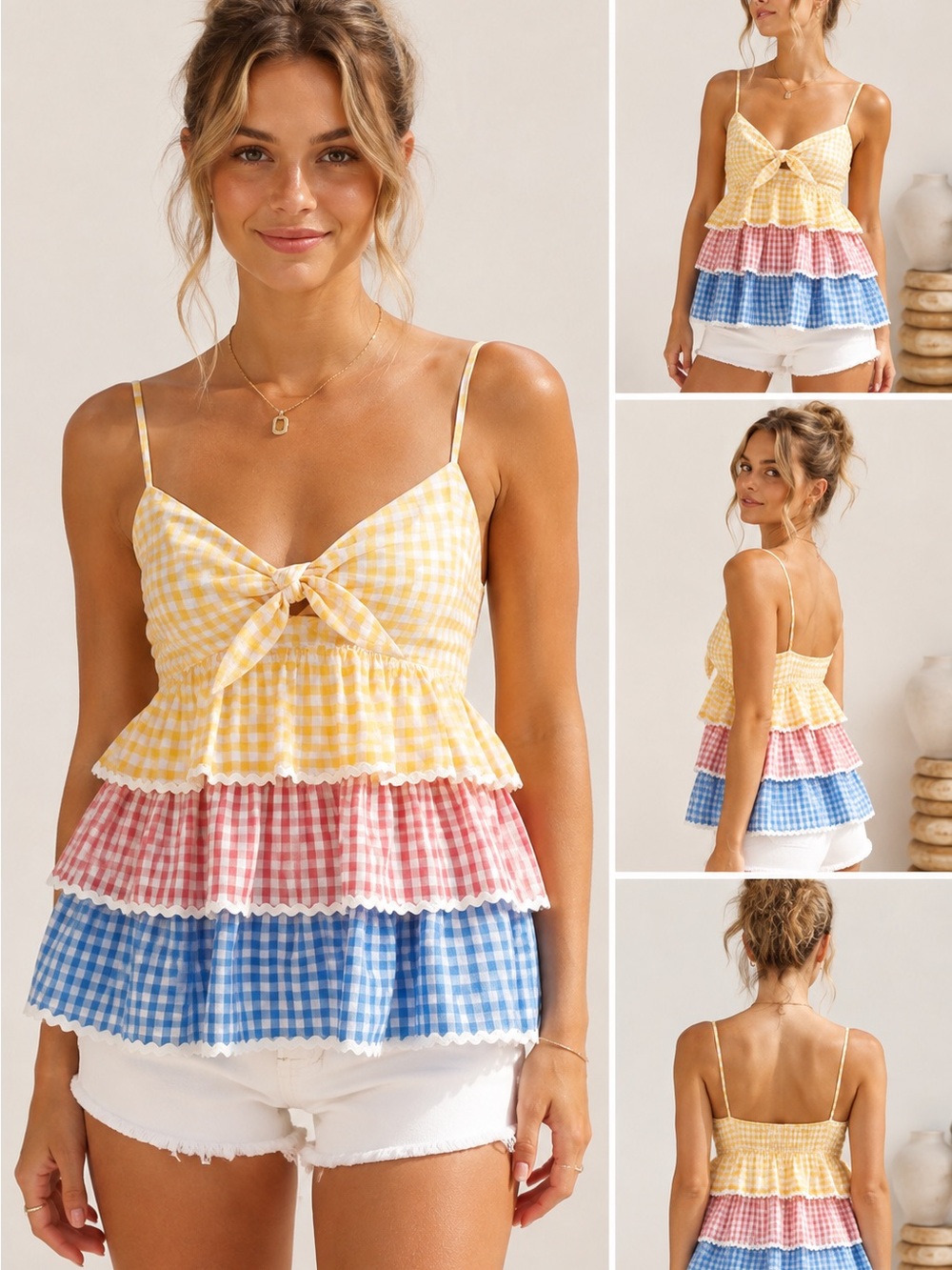 Free The People- Gingham Tiered Ruffle Cami Top - Yellow, Pink & blue (Small)
